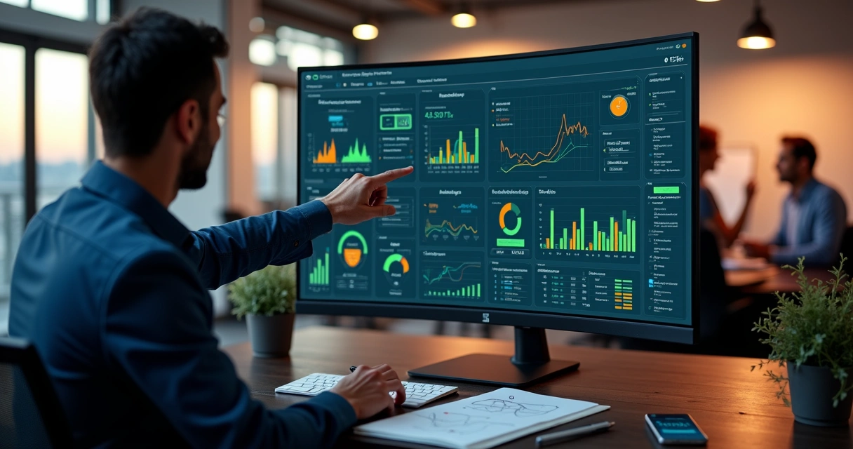 Painel digital com indicadores de processos em destaque em escritório moderno 