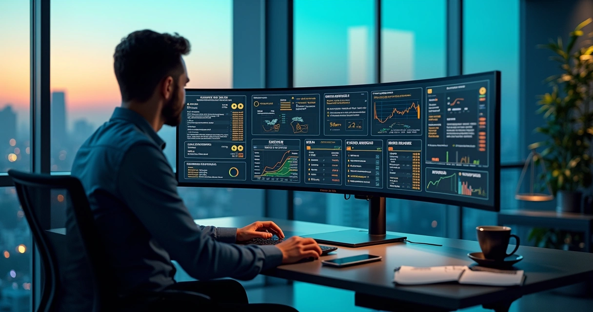 Profissional analisa painel digital com fluxos de processos jurídicos 