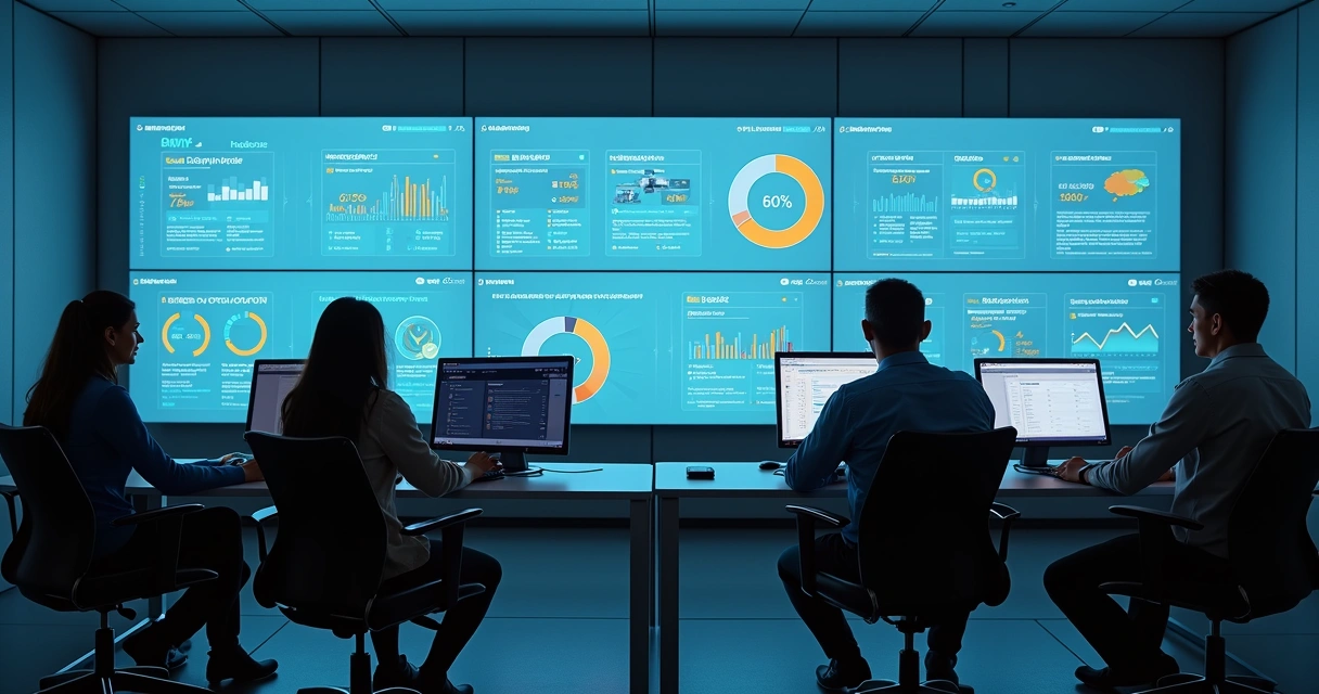 Equipe revisando métricas de qualidade de chatbot em escritório moderno 