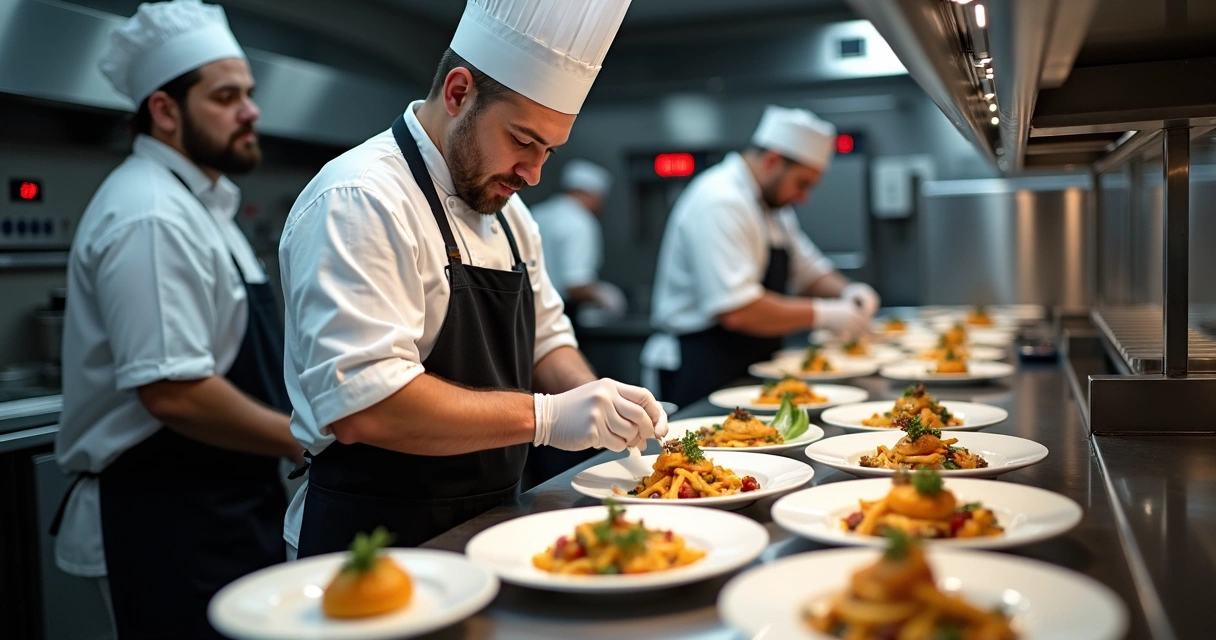 Chef supervisionando a qualidade dos pratos na cozinha do restaurante