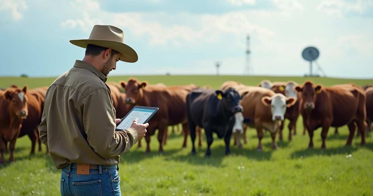 Pecuarista usando tablet no pasto junto ao rebanho 