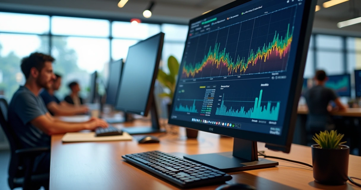 Tela de computador mostrando gráficos de rede em escritório contábil 