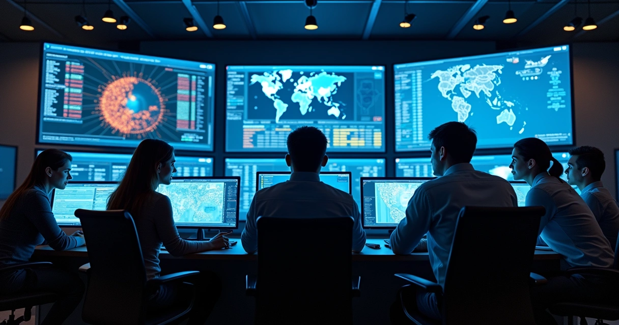 Profissionais analisando painéis de monitoramento de rede empresarial 