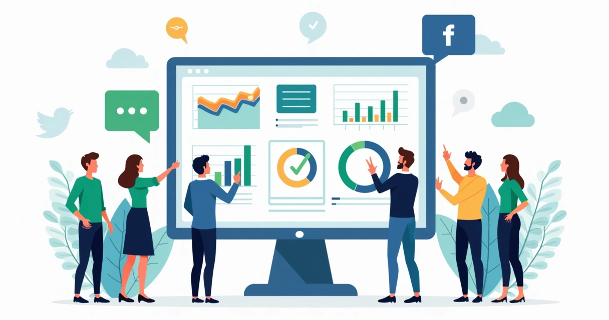 Análise de dados de redes sociais em uma tela com gráficos e números 
