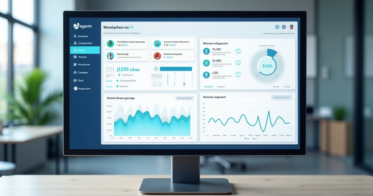 Painel digital mostrando tela de computador com alertas de menções sobre clínica