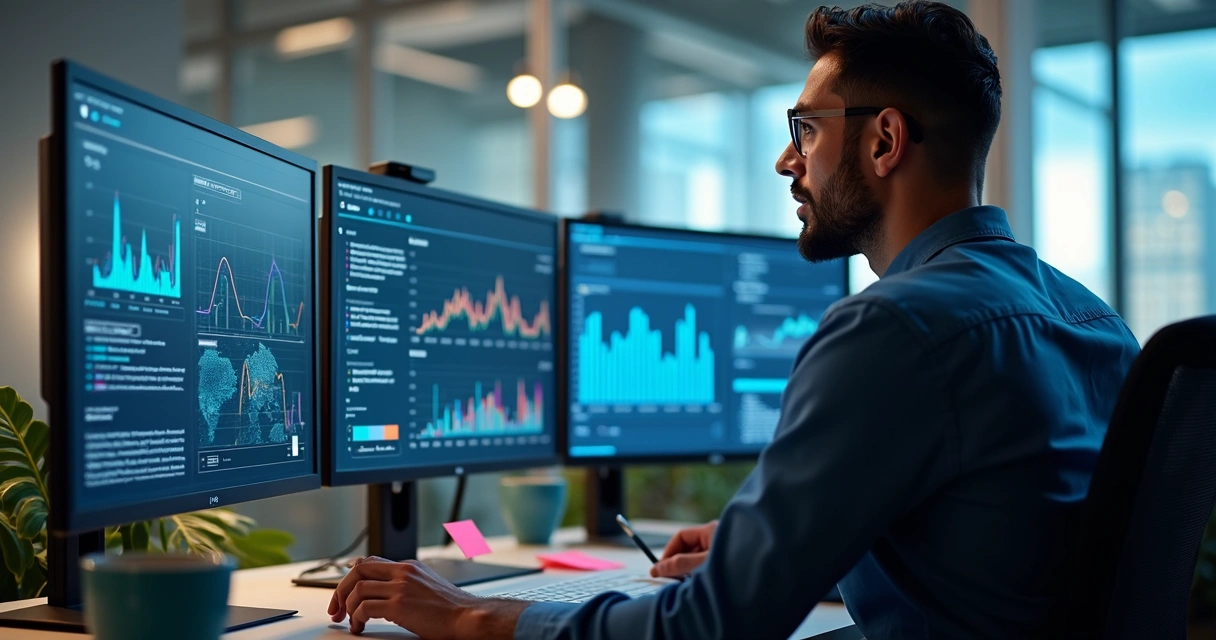 Profissional acompanhando gráficos de menções e alertas em telas de computador