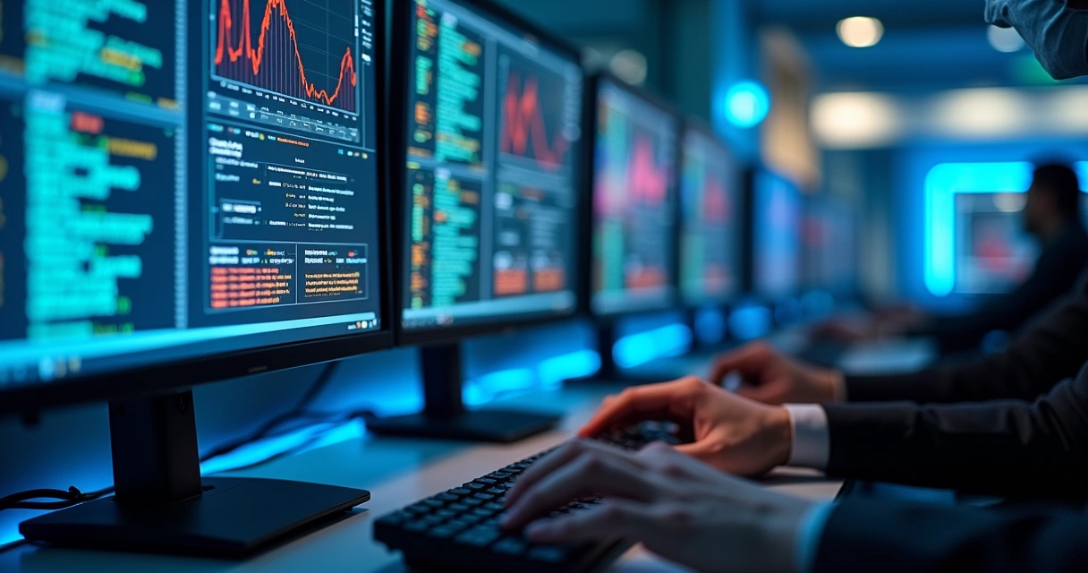 Telas de computador exibindo gráficos de cibersegurança e dados de rede 