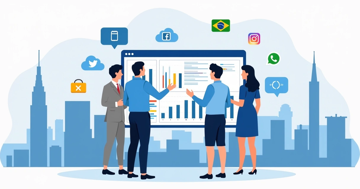 Painel digital com gráficos de menções políticas, ícones de redes sociais e equipe analisando dados 