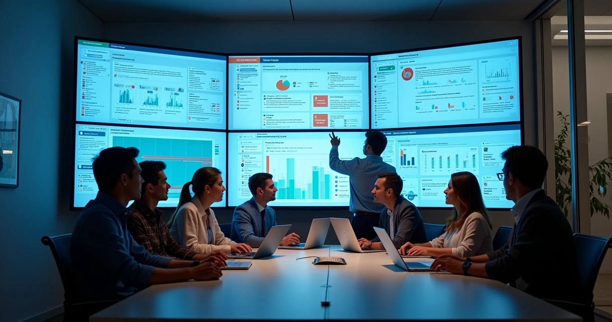 Equipe em reunião analisa monitoramento de redes sociais em notebooks e painéis digitais 