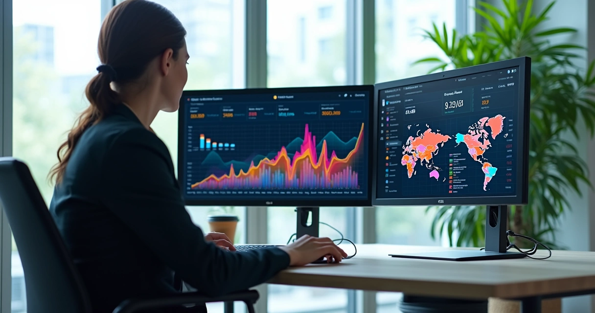 Profissional analisando gráficos sobre redes sociais em múltiplas telas 