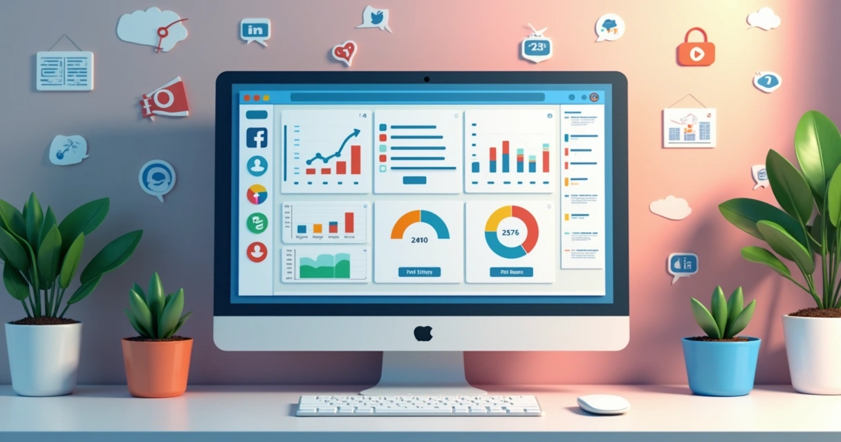 Dashboard de monitoramento de redes sociais com gráficos e alertas na tela