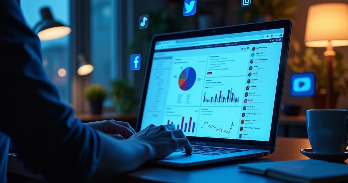 Painel de monitoramento de menções em redes sociais, mostrando gráficos e notificações em tela de notebook