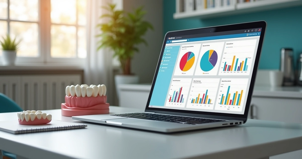 Dashboard de redes sociais em laptop em consultório odontológico