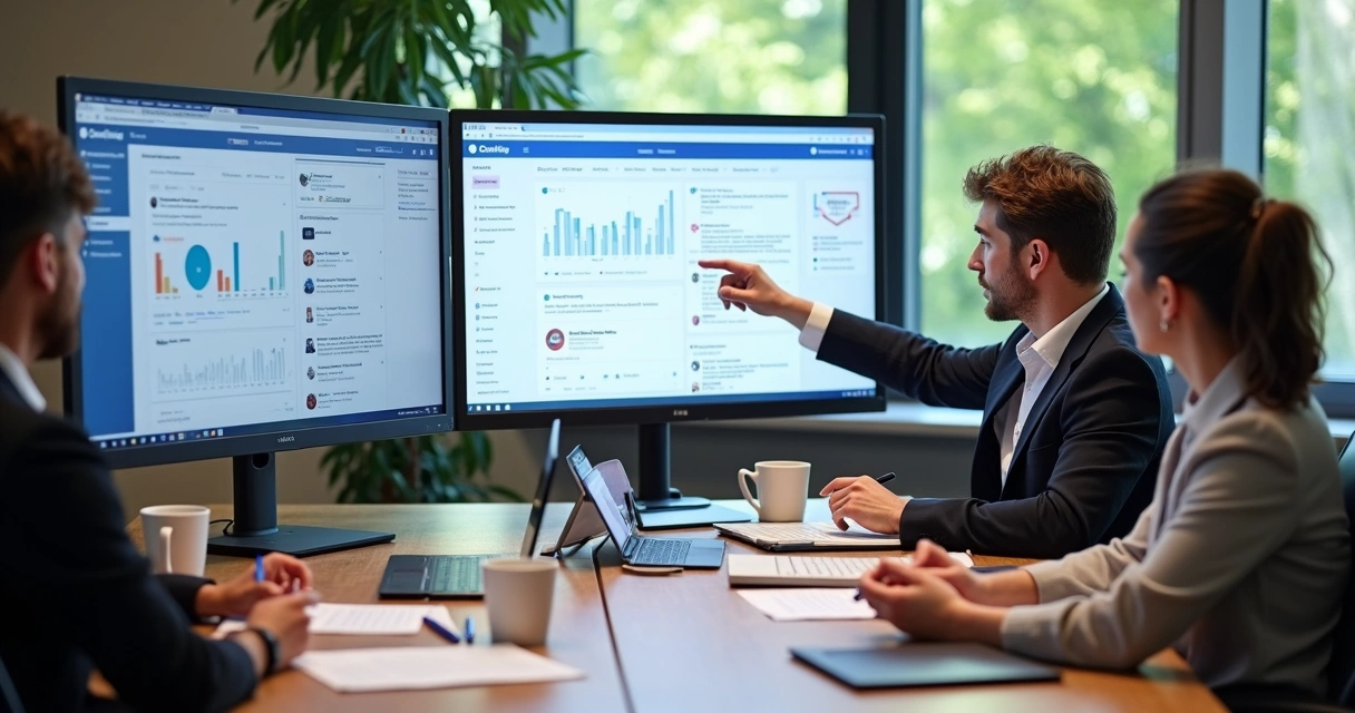 Equipe de hotel acompanhando redes sociais em vários monitores, discutindo estratégias 