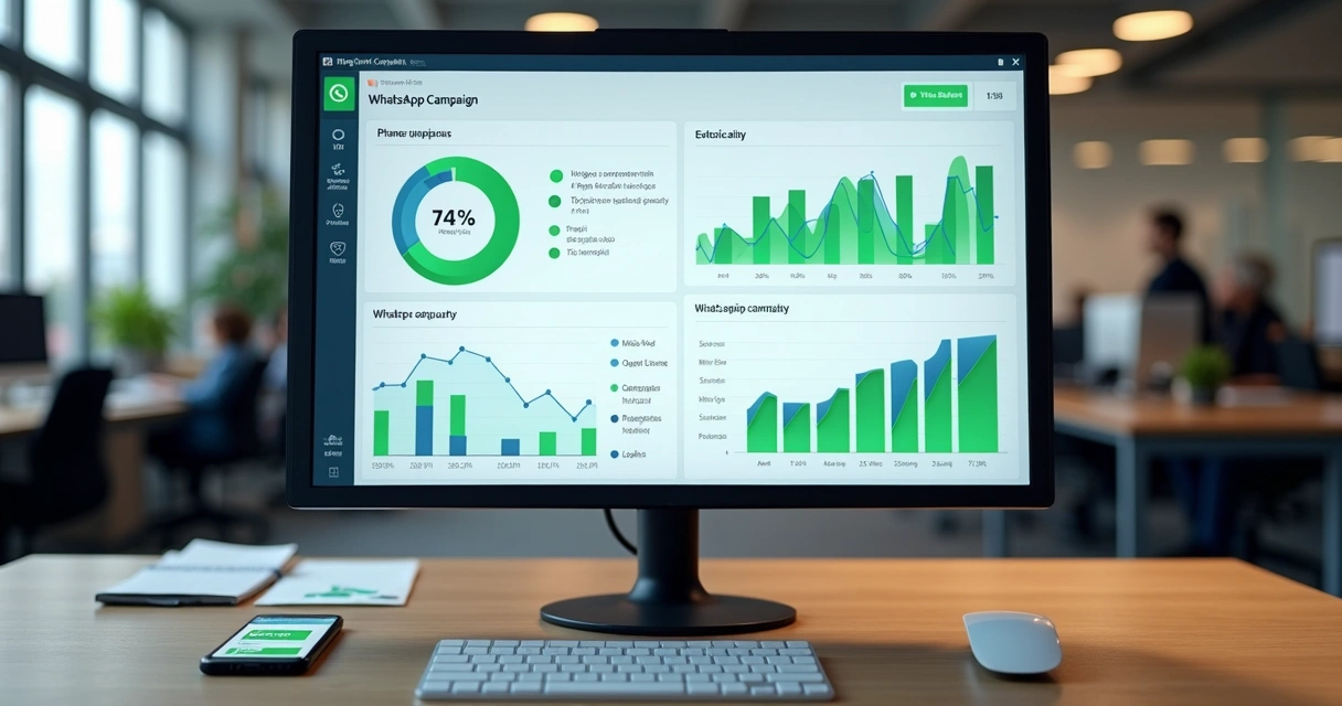 Dashboard mostrando métricas de campanhas de WhatsApp, com gráficos coloridos e dados numéricos. 