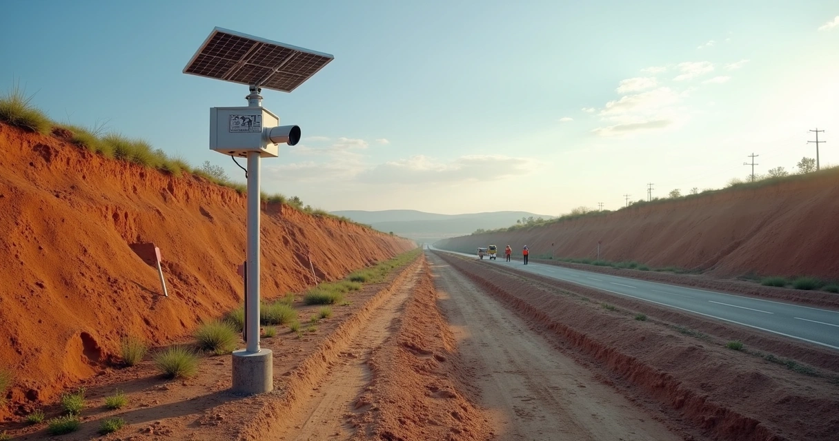 Visão ampla de canteiro com câmera solar e área isolada monitorada 