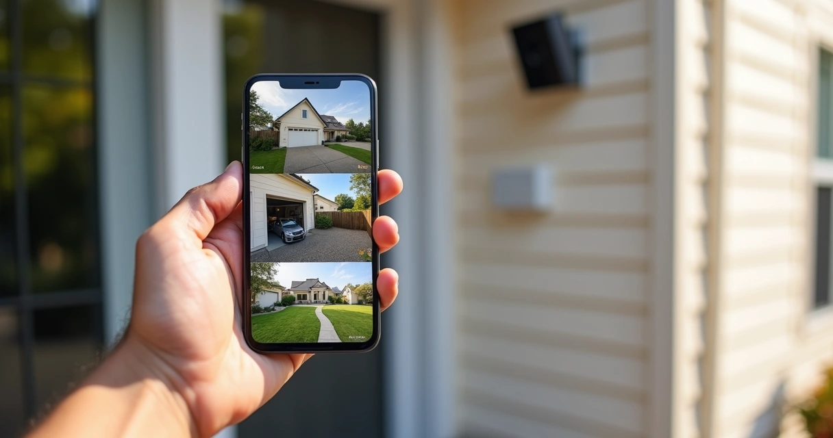 Aplicativo de monitoramento mostrando imagens de câmeras externas no celular 