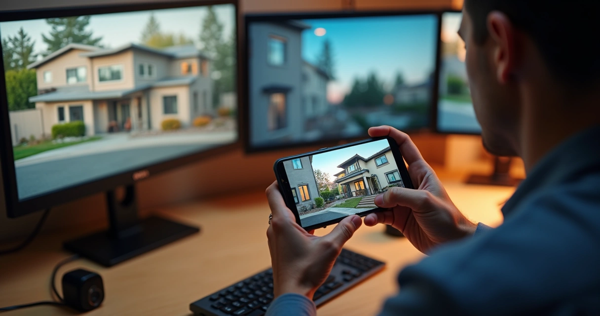 Pessoa visualizando câmeras de segurança pelo celular na mesa de trabalho 