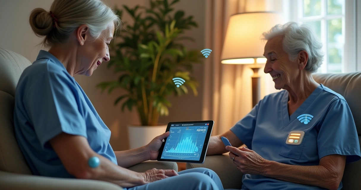 Pessoa idosa em casa sendo monitorada via tablet e sensores conectados