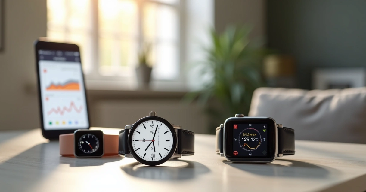 Dispositivos vestíveis monitorando sinais vitais conectados a aplicativo de saúde em ambiente doméstico.