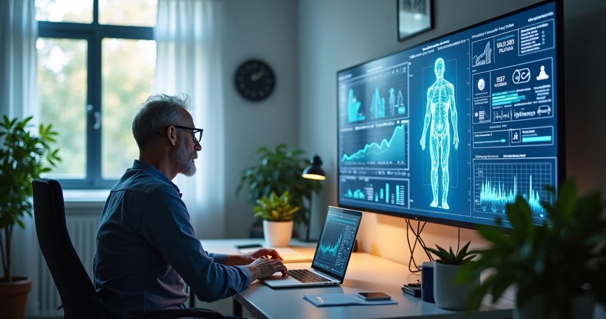 Gestor observando painel digital de gerenciamento de ILPI com dados de pacientes à distância 