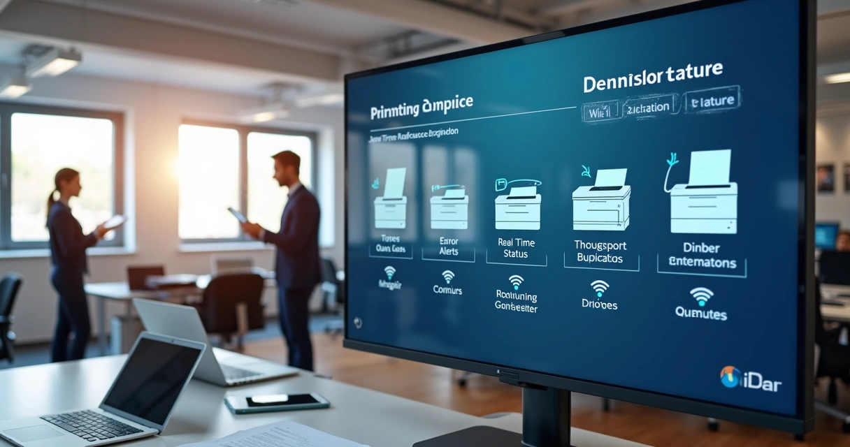 Interface de monitoramento remoto mostrando status de impressoras em um escritório moderno 