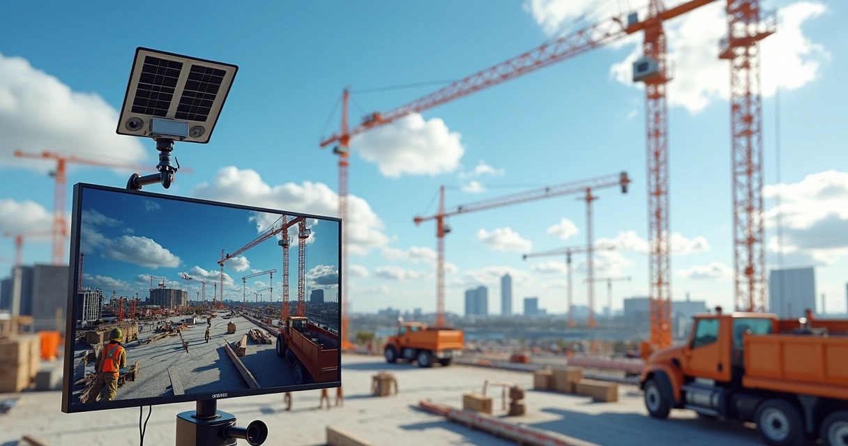 Câmeras 4G solares em alta resolução monitorando um canteiro de obras ao ar livre com tela digital exibindo imagens em tempo real 