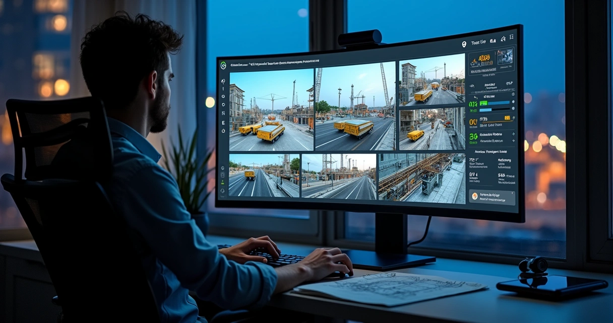 Gestor acompanhando obra remotamente em dashboard de monitoramento 4K 