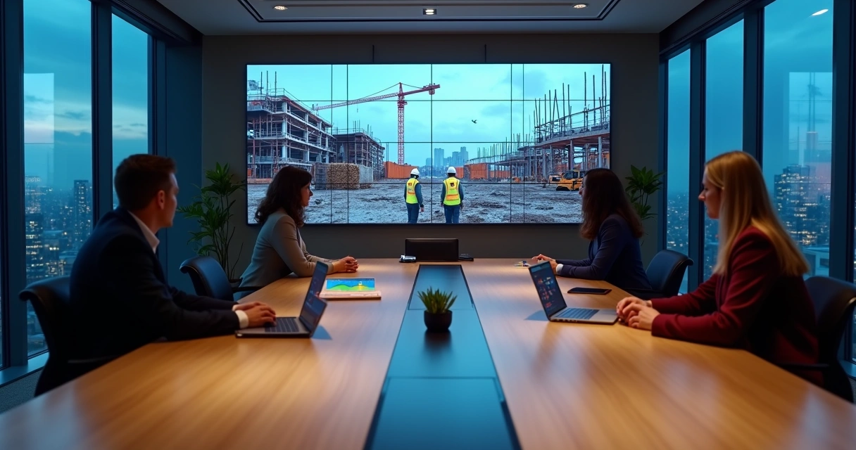 Equipe de engenharia em sala de reunião acompanhando obra remotamente em telas grandes 