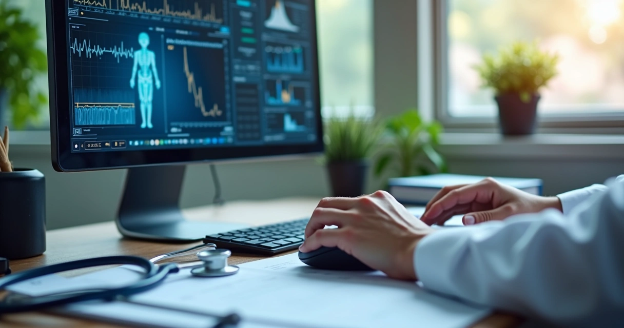 Médico analisando dados de paciente em monitoramento remoto 