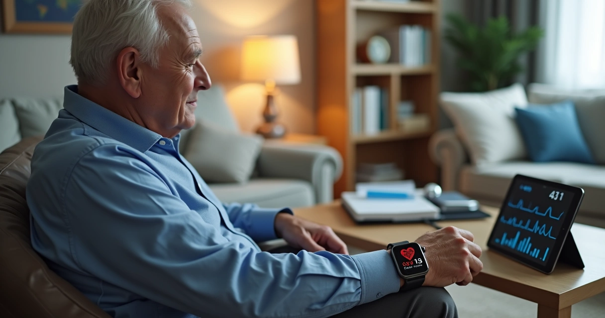 Paciente usando smartwatch monitorando saúde em casa 