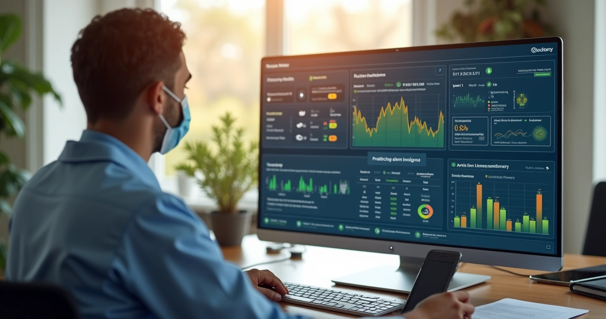 Profissional de saúde analisando dados em dashboard digital para monitoramento remoto via WhatsApp 