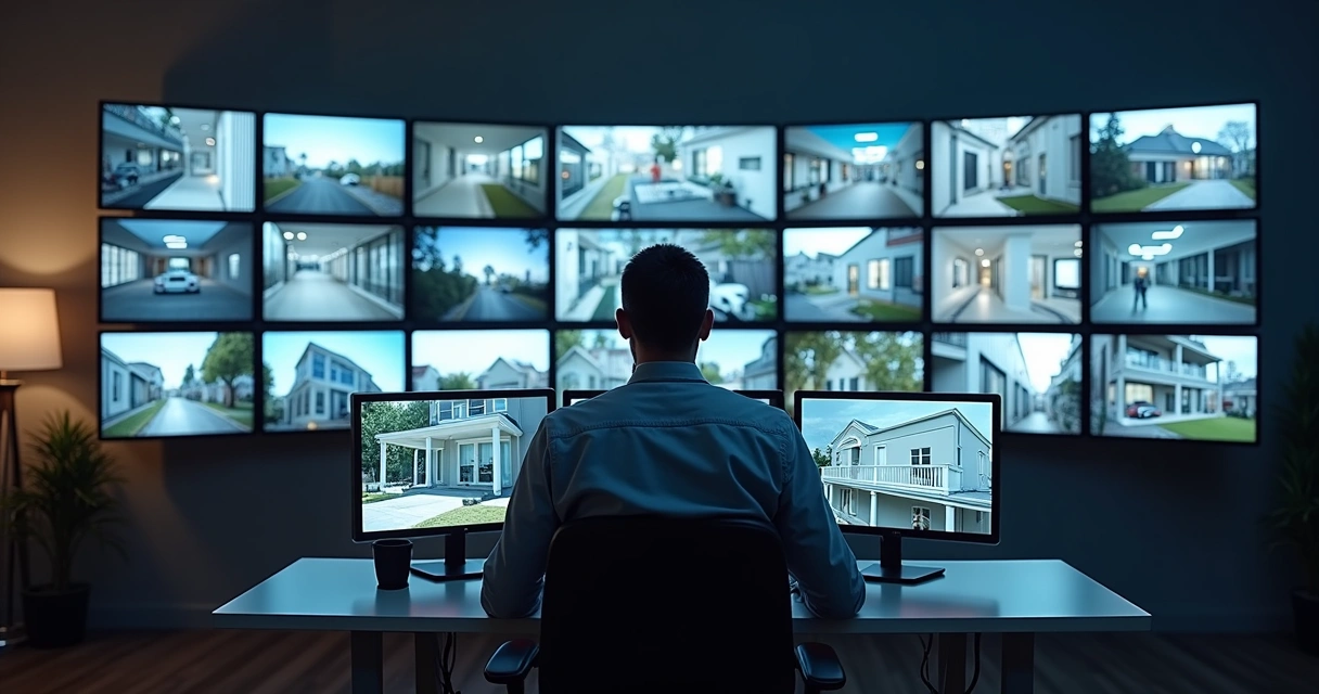 Homem acompanhando imagens de câmeras em múltiplas telas em um centro de monitoramento digital 