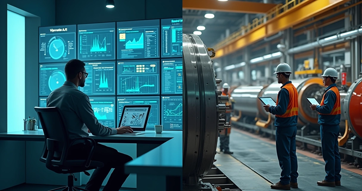 Comparação visual entre monitoramento remoto digital e inspeção presencial em ambiente industrial 