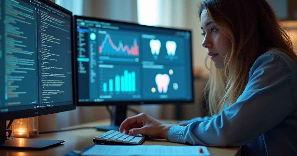 Pessoa consultando avaliações odontológicas online em dois monitores lado a lado 
