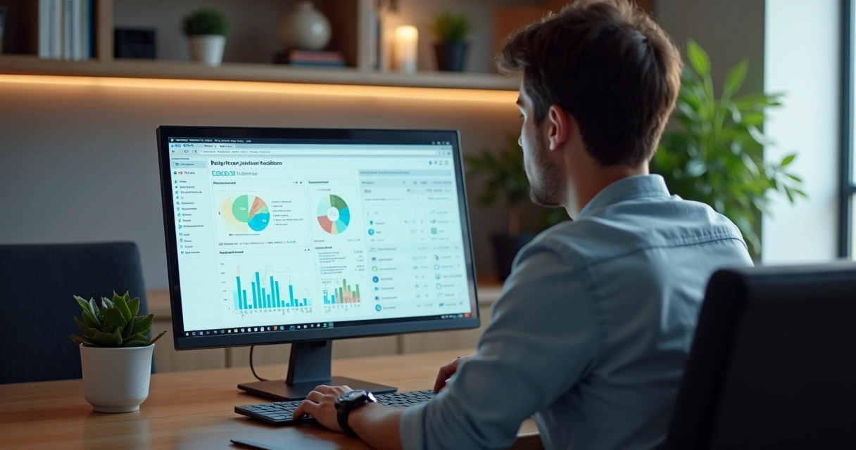 Profissional analisando gráficos de reputação online no notebook 