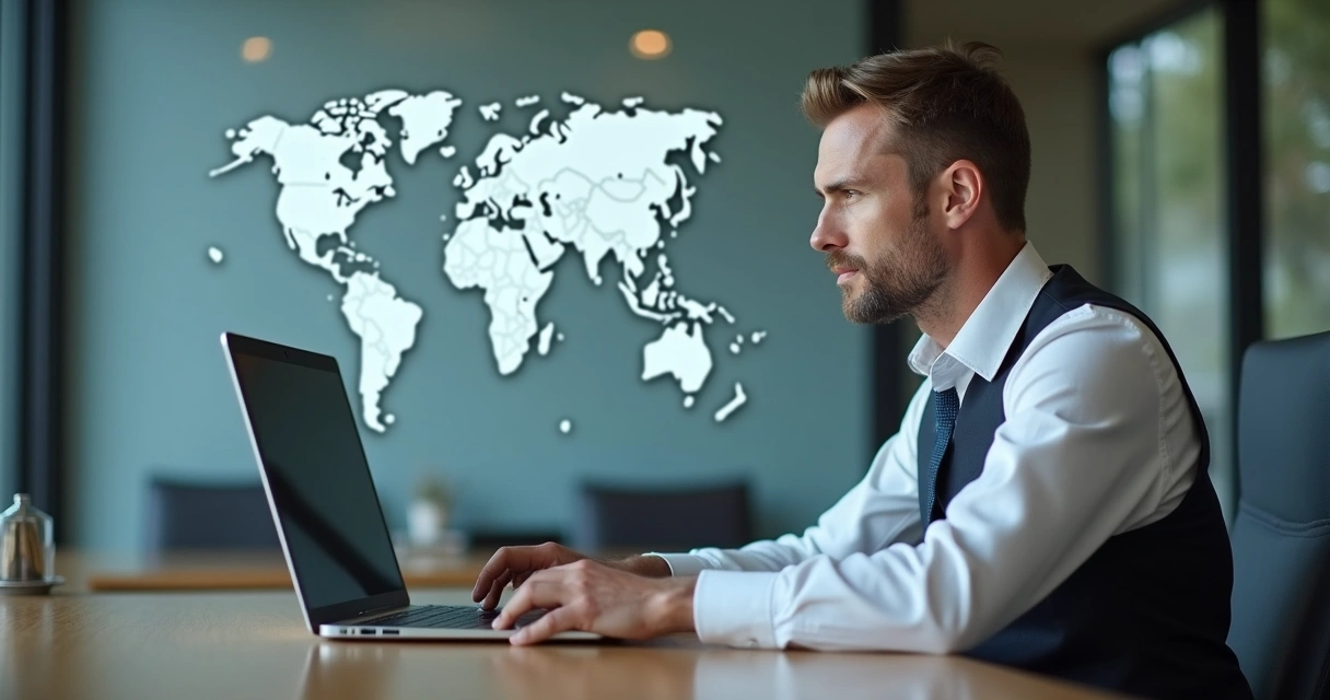 Gerente de hotel analisando avaliações internacionais em um notebook com mapa-múndi ao fundo 