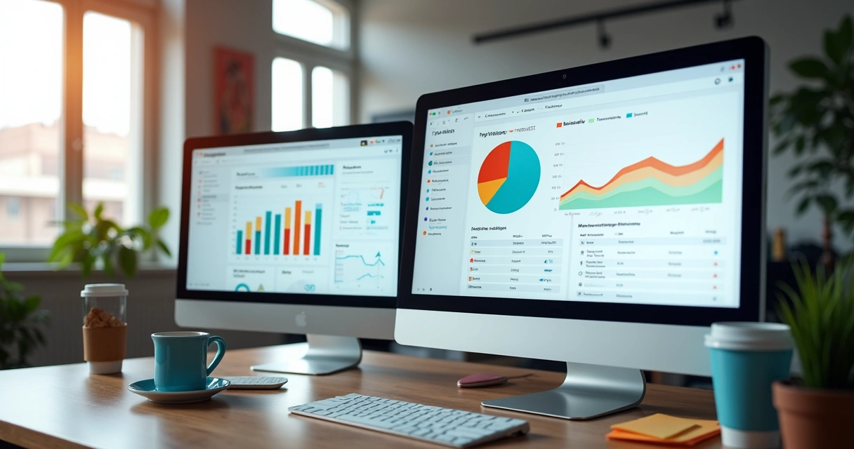 Dashboard colorido mostrando gráficos de reputação de influenciador digital 