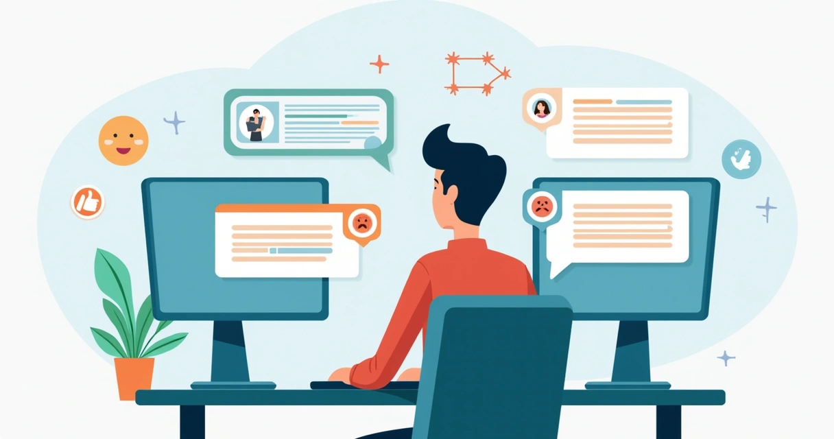 Pessoa monitorando redes sociais em notebooks e smartphones 