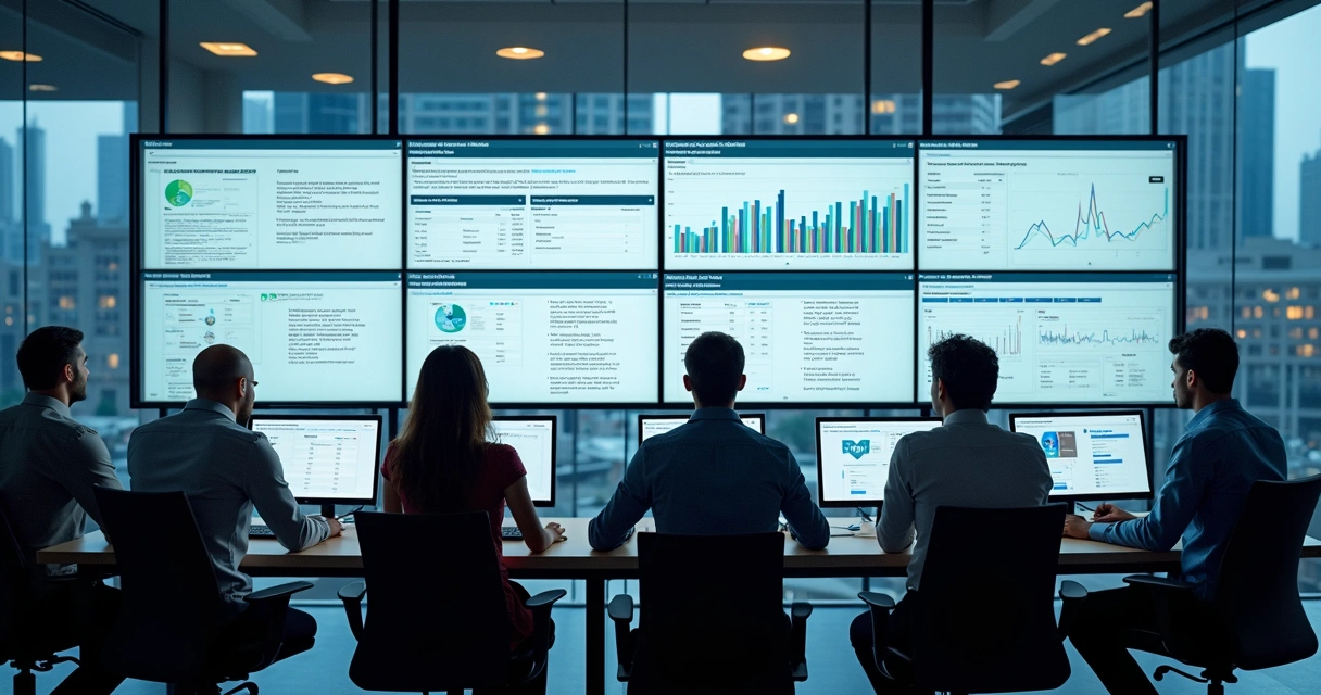 Equipe avalia relatórios reputacionais em telas de computador 