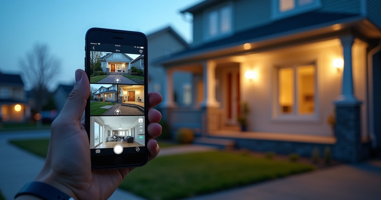 Pessoa verificando câmeras de segurança residenciais por aplicativo no celular 