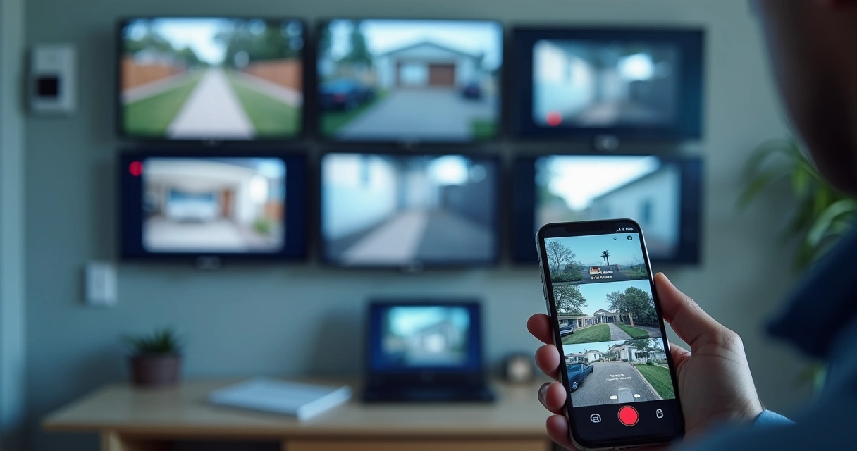Sala de monitoramento residencial com câmeras e app no celular 