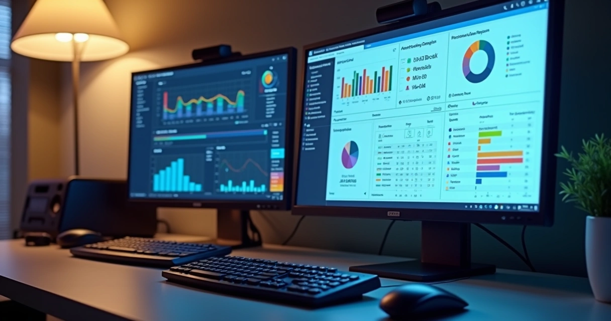 Tela de computador com logs de restauração e gráficos coloridos 