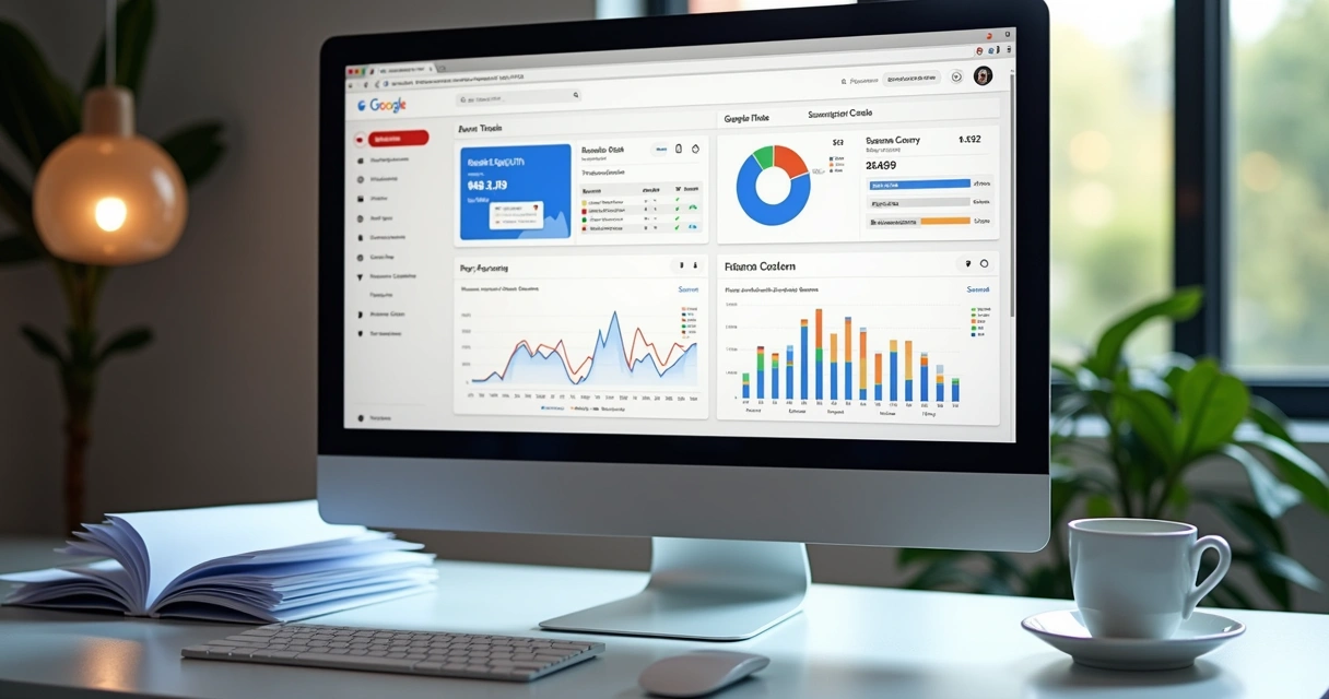 Tela de computador mostrando Google Analytics e Search Console para site médico 