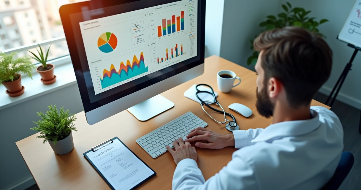 Tela de computador com gráficos de desempenho de site de clínica médica 