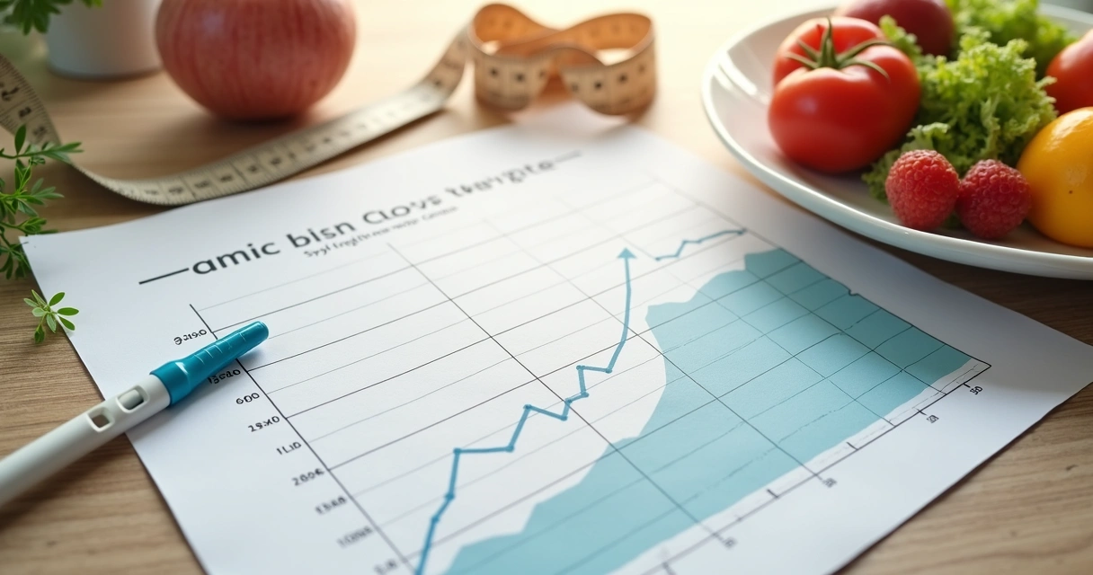 Gráfico de evolução de peso ao lado de fitas para diabetes e prato saudável 