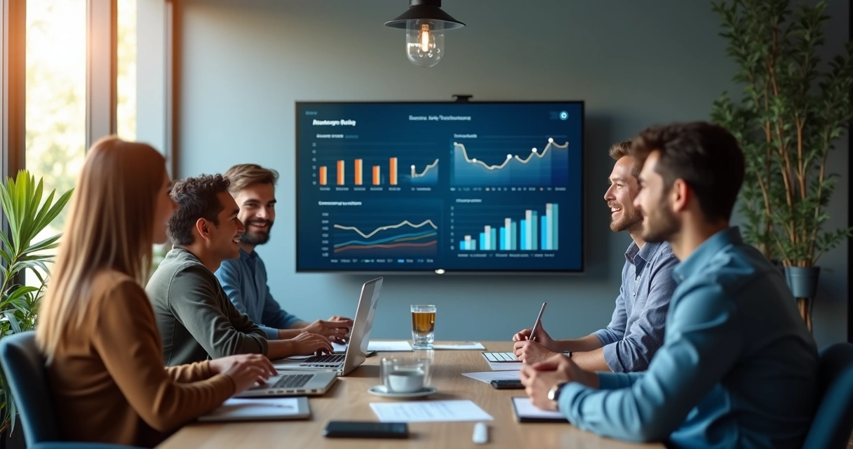 Dashboard com indicadores de automação e equipe sorrindo