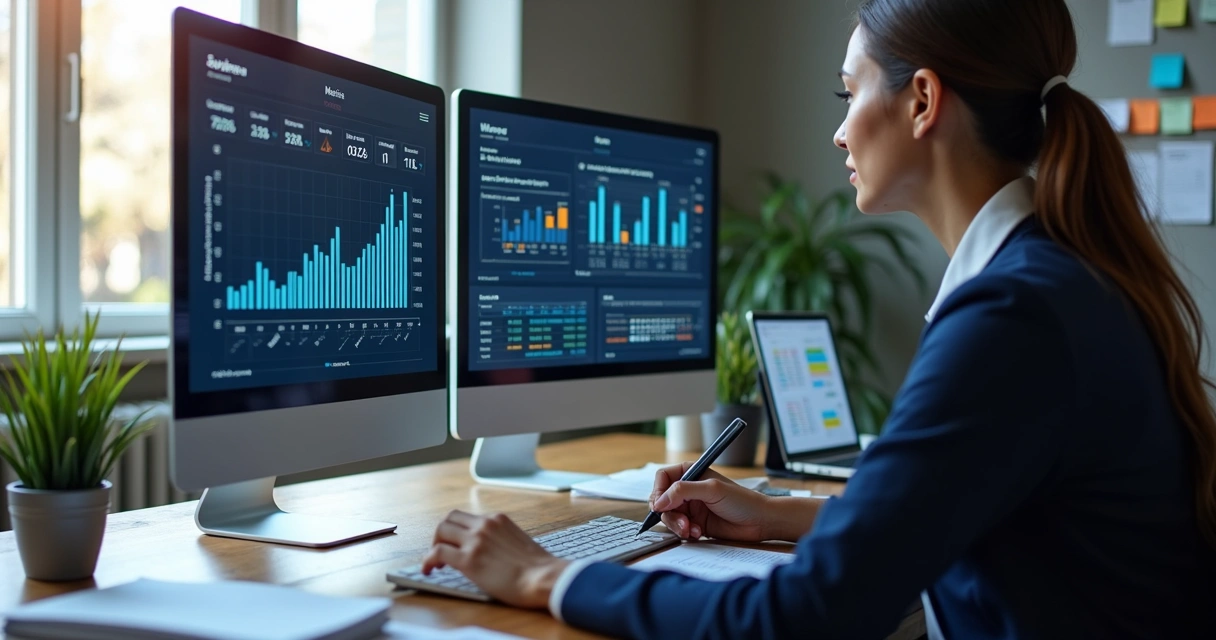 Gráficos digitais de desempenho jurídico mostrados em dois monitores e um advogado analisando os dados, reforçando o acompanhamento de resultados.