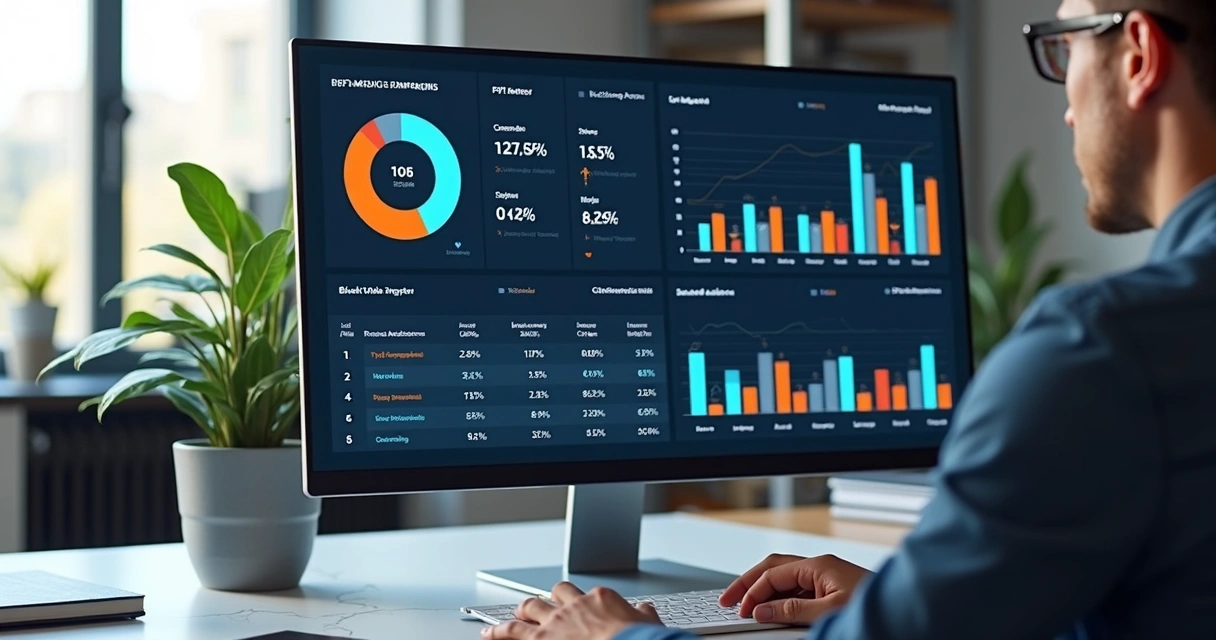Pessoa analisando dados de campanhas de mídia paga em tela com gráficos e métricas detalhadas 