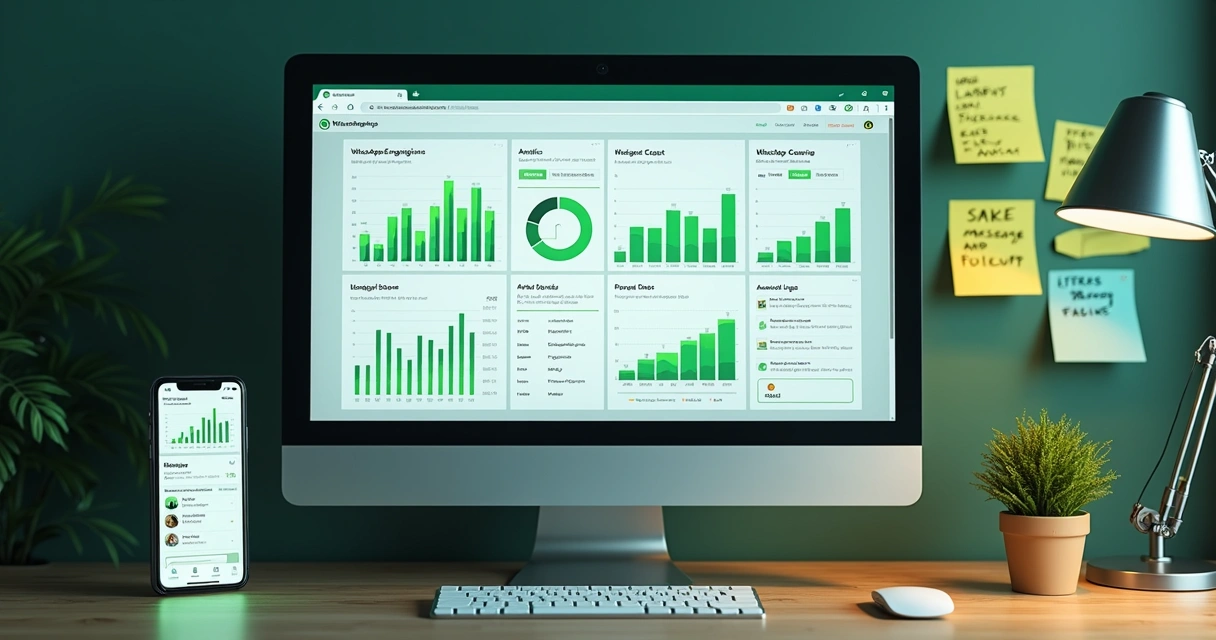 Gráficos e tabelas de análise de engajamento no WhatsApp em computador